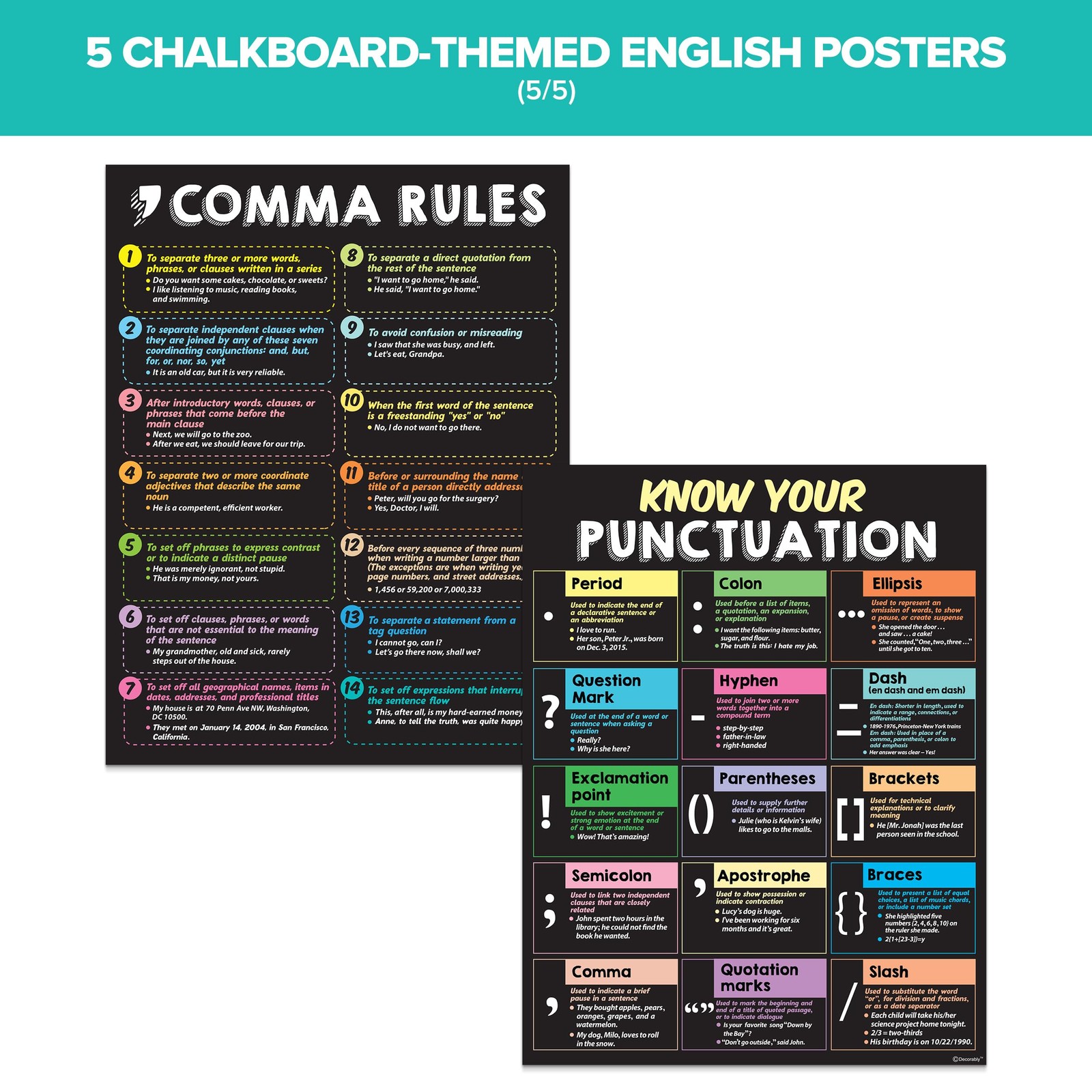 Decorably 5 Chalkboard ELA Posters for Middle 17 x 22 Inch,