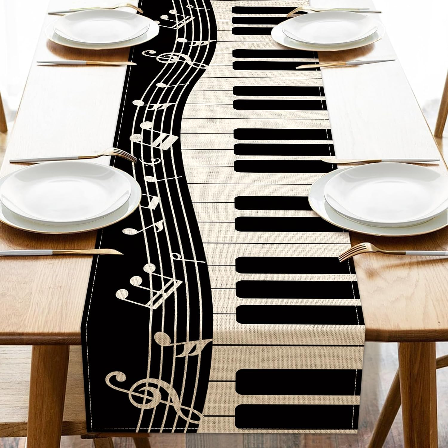 Piano Keyboard Dining Table Runner, Musical Notes Staff Burlap Kitchen Decoratio