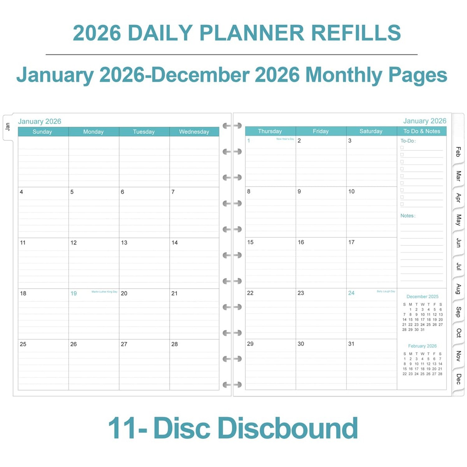 2026 Planner Refills, 11-Disc Discbound One Page Per Day, Daily ＆ Monthly