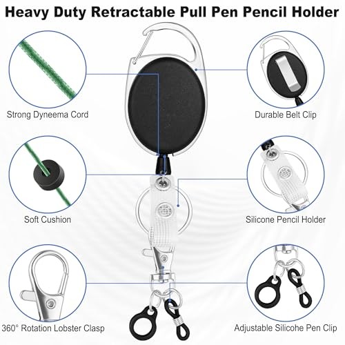 4 Pack Retractable Pencil Holder with 31.5″ Dyneema Cord,Silicone Pen Clip,