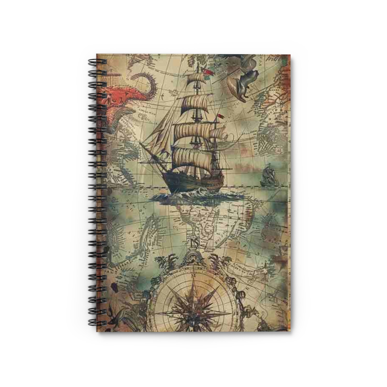 Vintage Nautical Spiral Notebook – Ship & Compass Ruled Journal