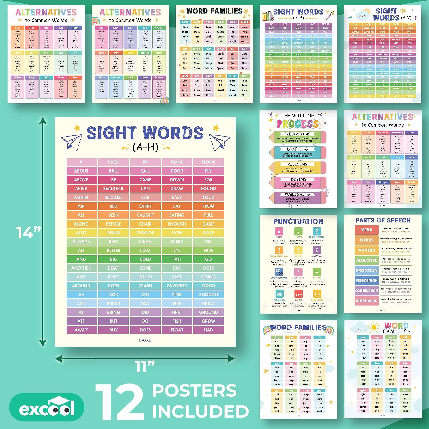 12 Preschool Sight Words Poster – 11×14 Word Families Chart Educational Posters