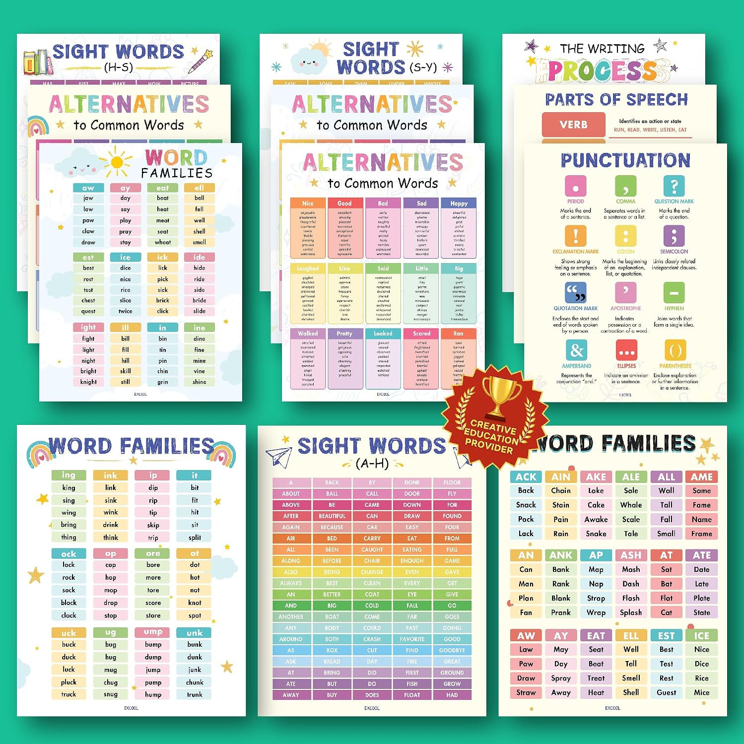 12 Preschool Sight Words Poster – 11×14 Word Families Chart Educational Posters