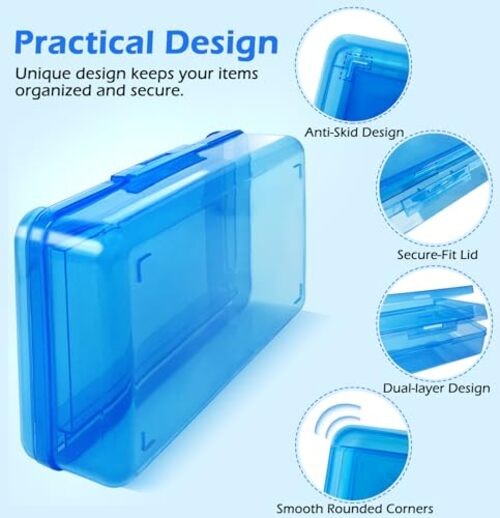 1 Pack Double Layer Hard Pencil Cases, Plastic Translucent Pencil Box with Blue