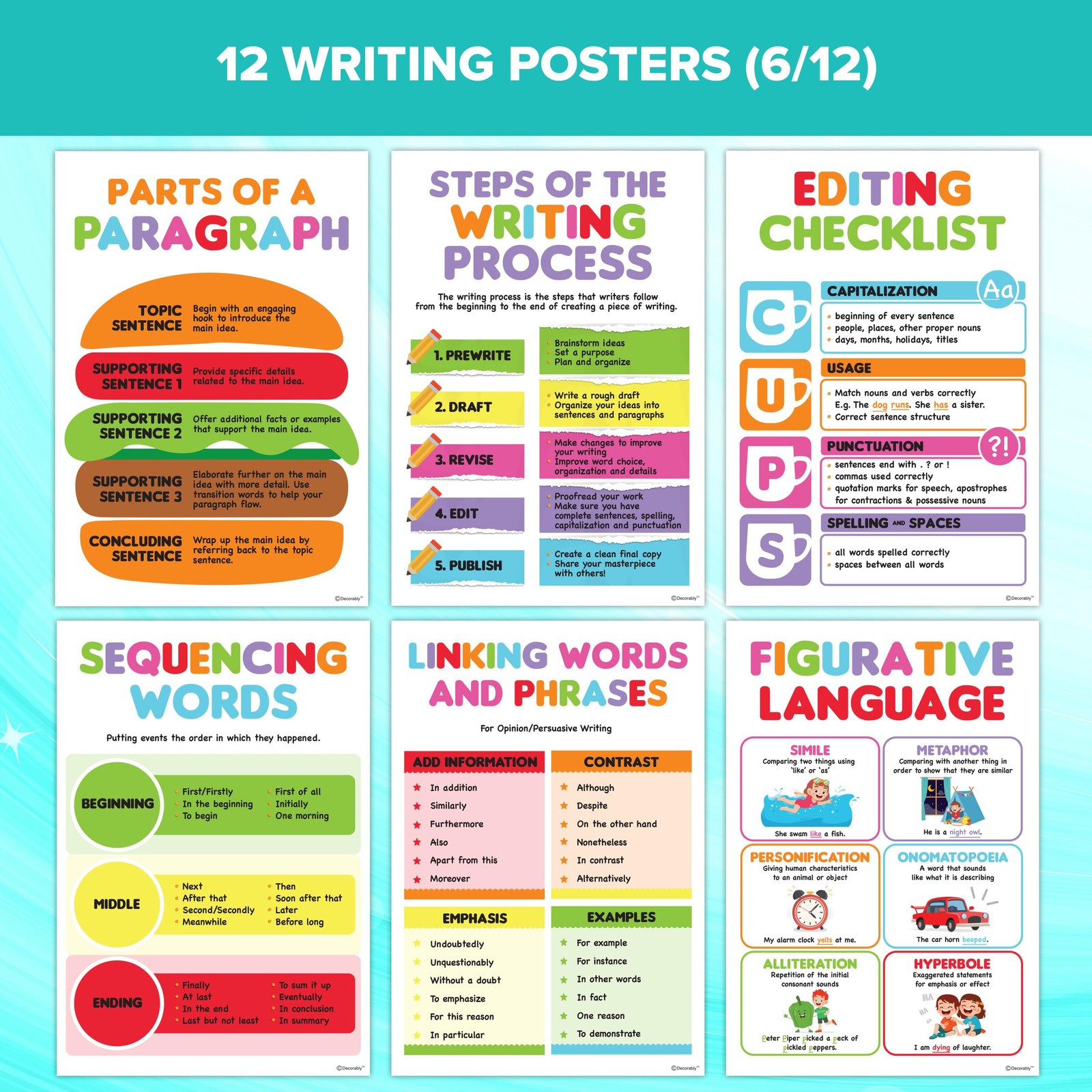 Decorably 12 Writing Posters for Classroom Middle School 11 x 16, Variation