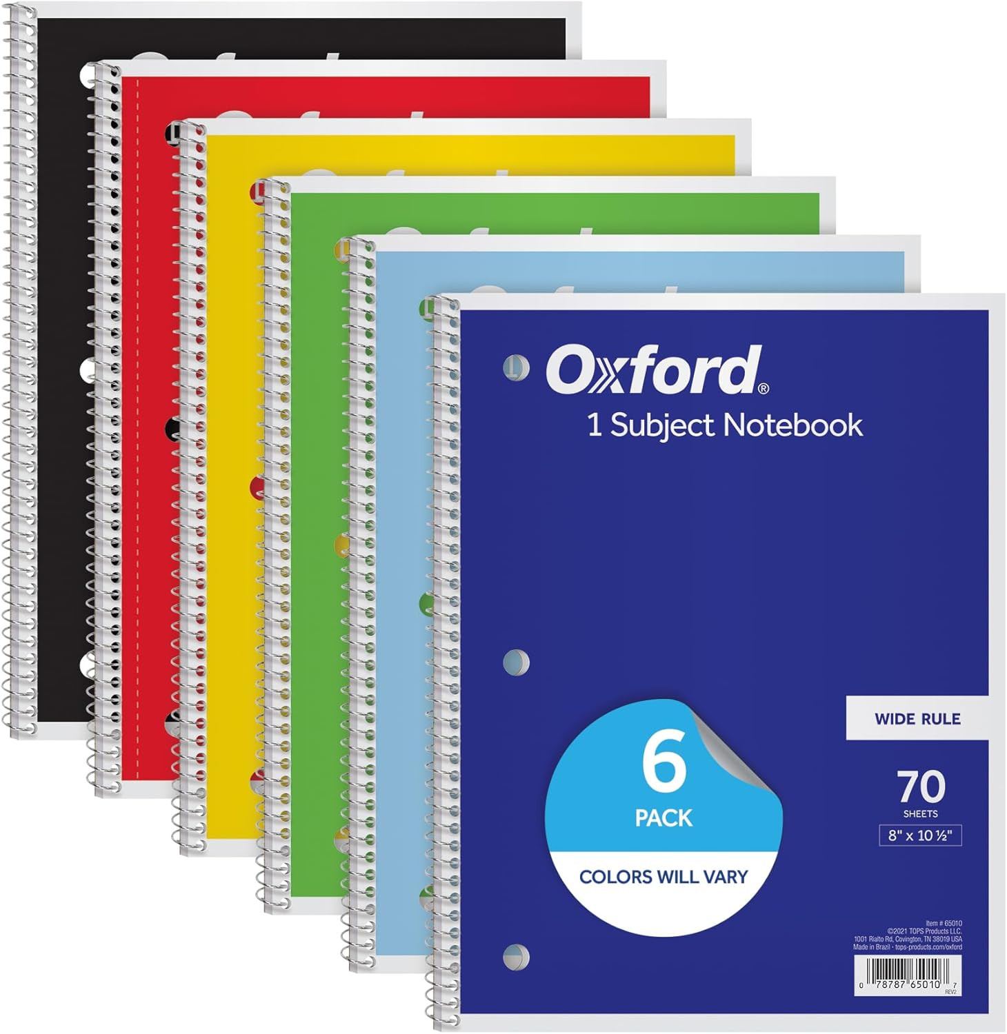 Oxford Spiral Notebook, 6 Pack, 1 Subject, Wide Ruled Paper, Notebooks for Schoo