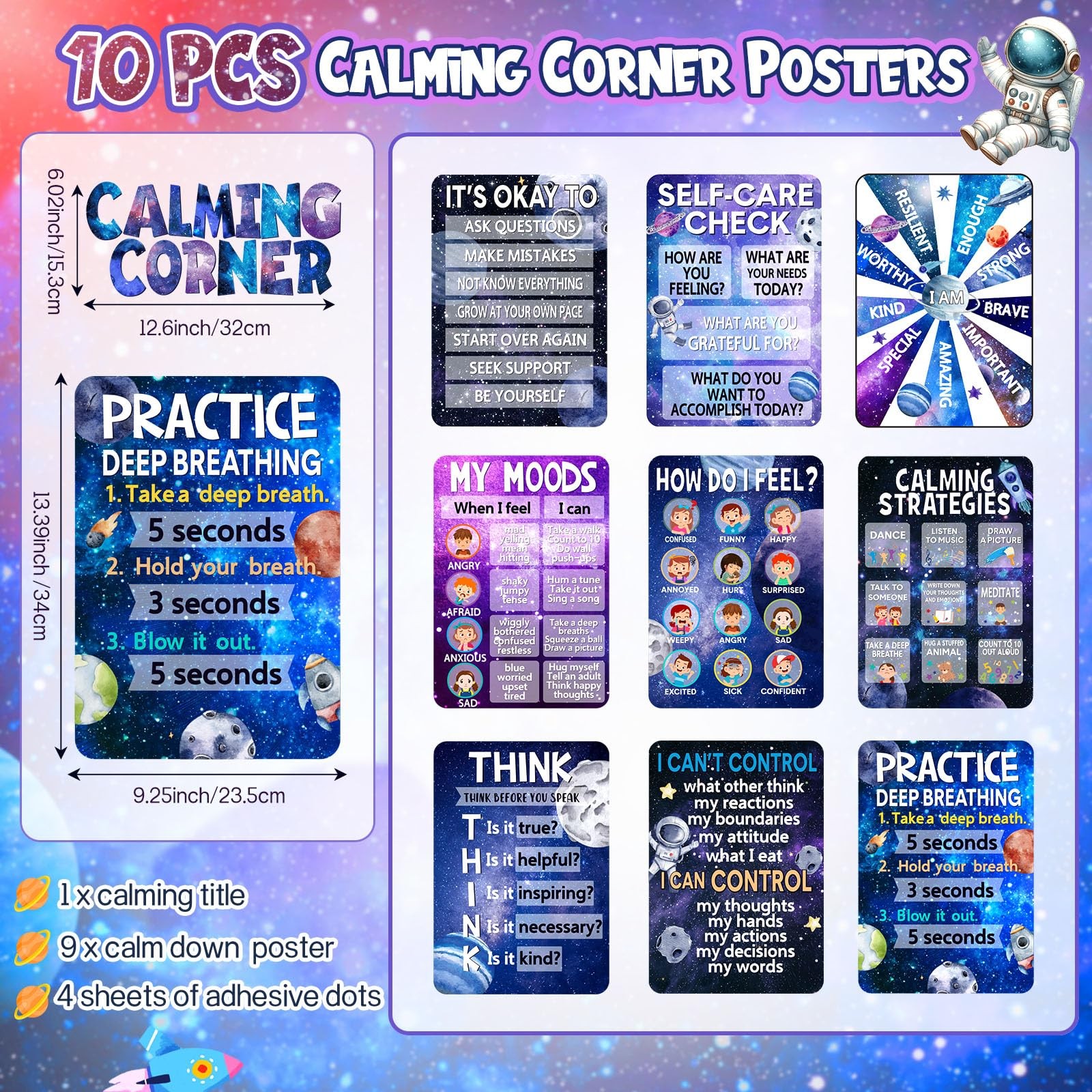10 Pcs Calming Corner Posters Space Themed Classroom Feeling Emotion Charts M…