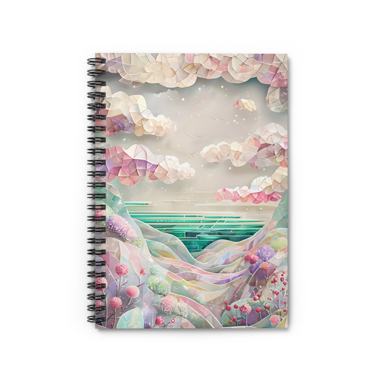 Geometric Nature Spiral Notebook – Whimsical Landscape Design