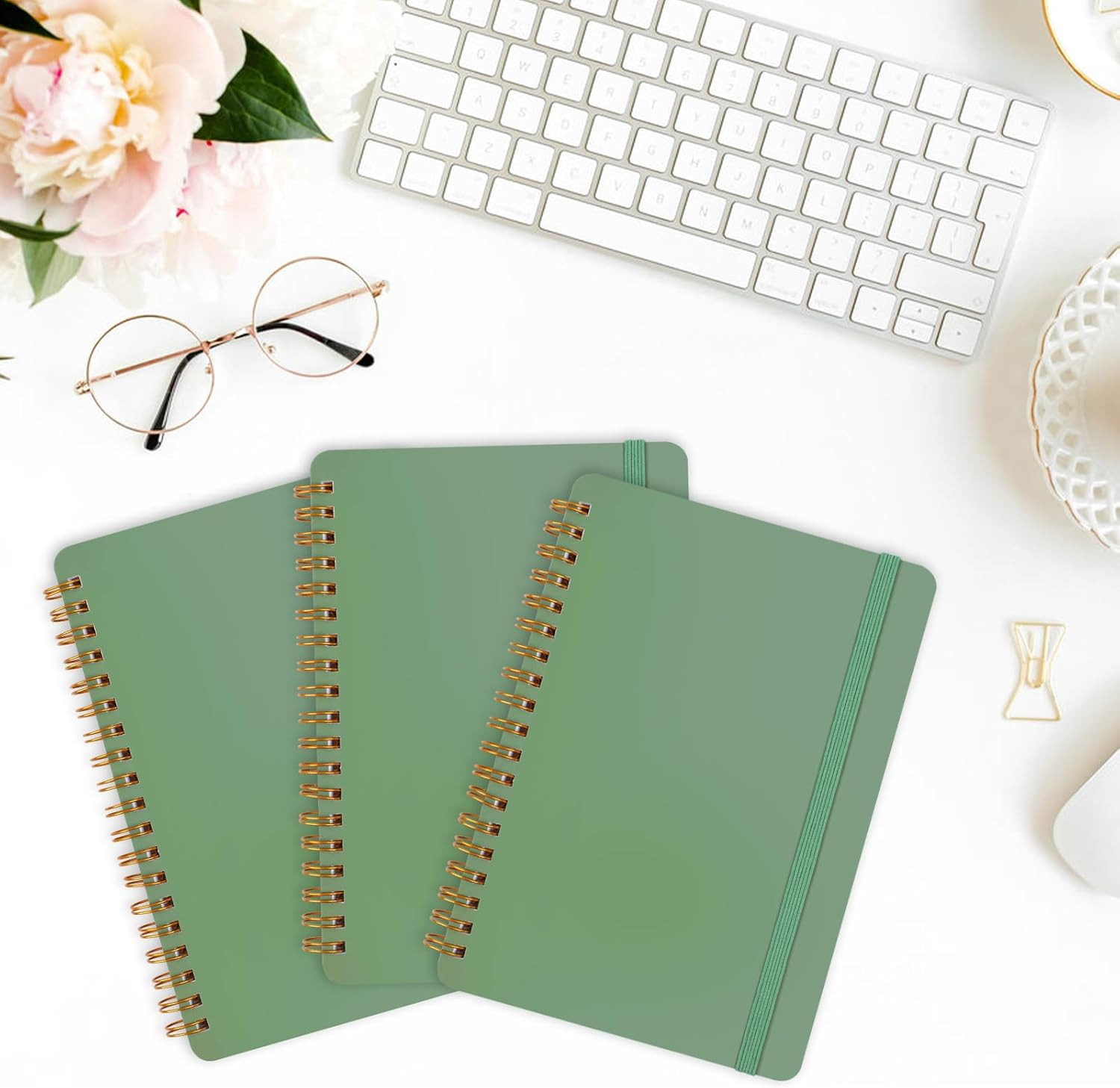 3 Pack 5×7 Spiral Notebooks with Strap 70 Sheets Hardcover Journal Green