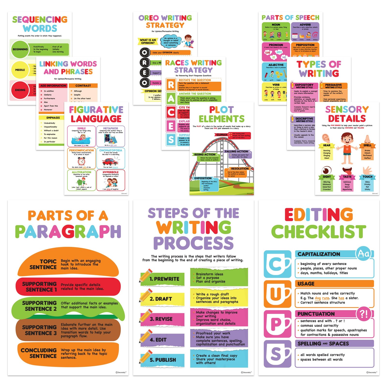 Decorably 12 Writing Posters for Classroom Middle School 11 x 16, Variation