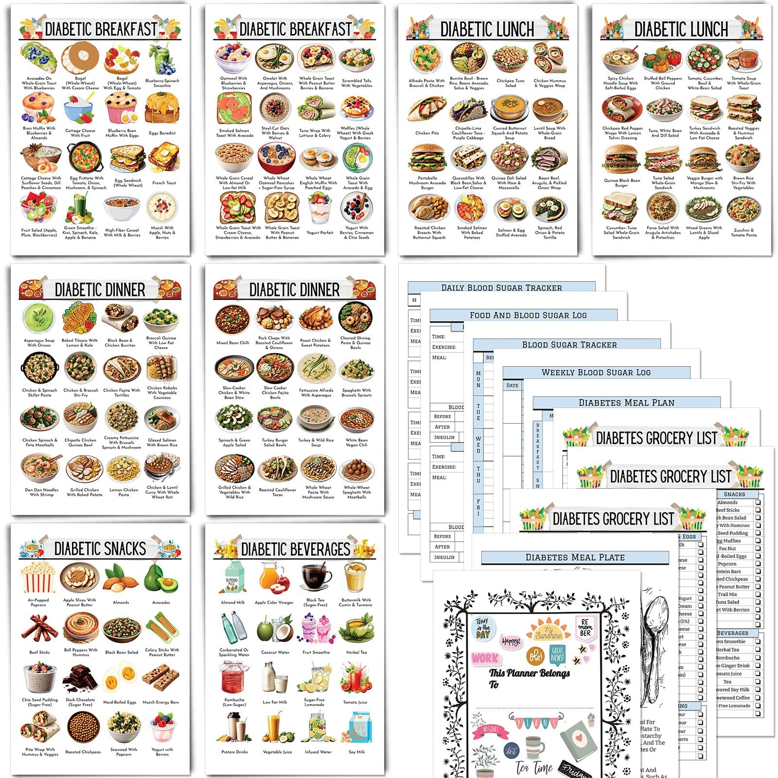 18 PCS Diabetic Food List and Meal Planner – Laminated Diabetes Meal Chart wi…