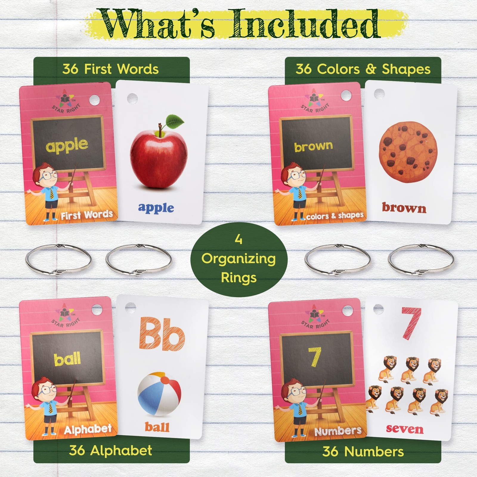 Star Right Flash Cards Set of 4 – Numbers, Alphabets, First Words, Colors & S…