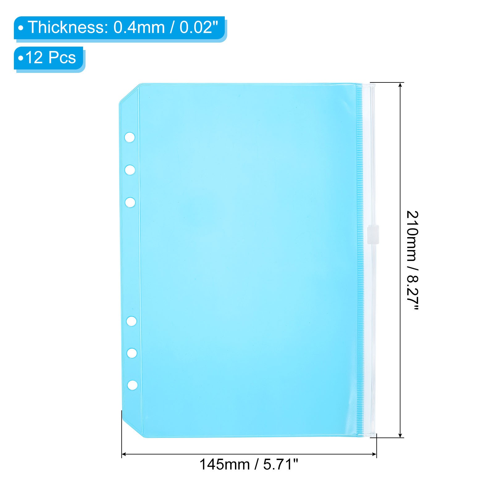 A5 Binder Pocket, 12 Pack PVC Zipper 6 Holes Binder Pouch, Blue