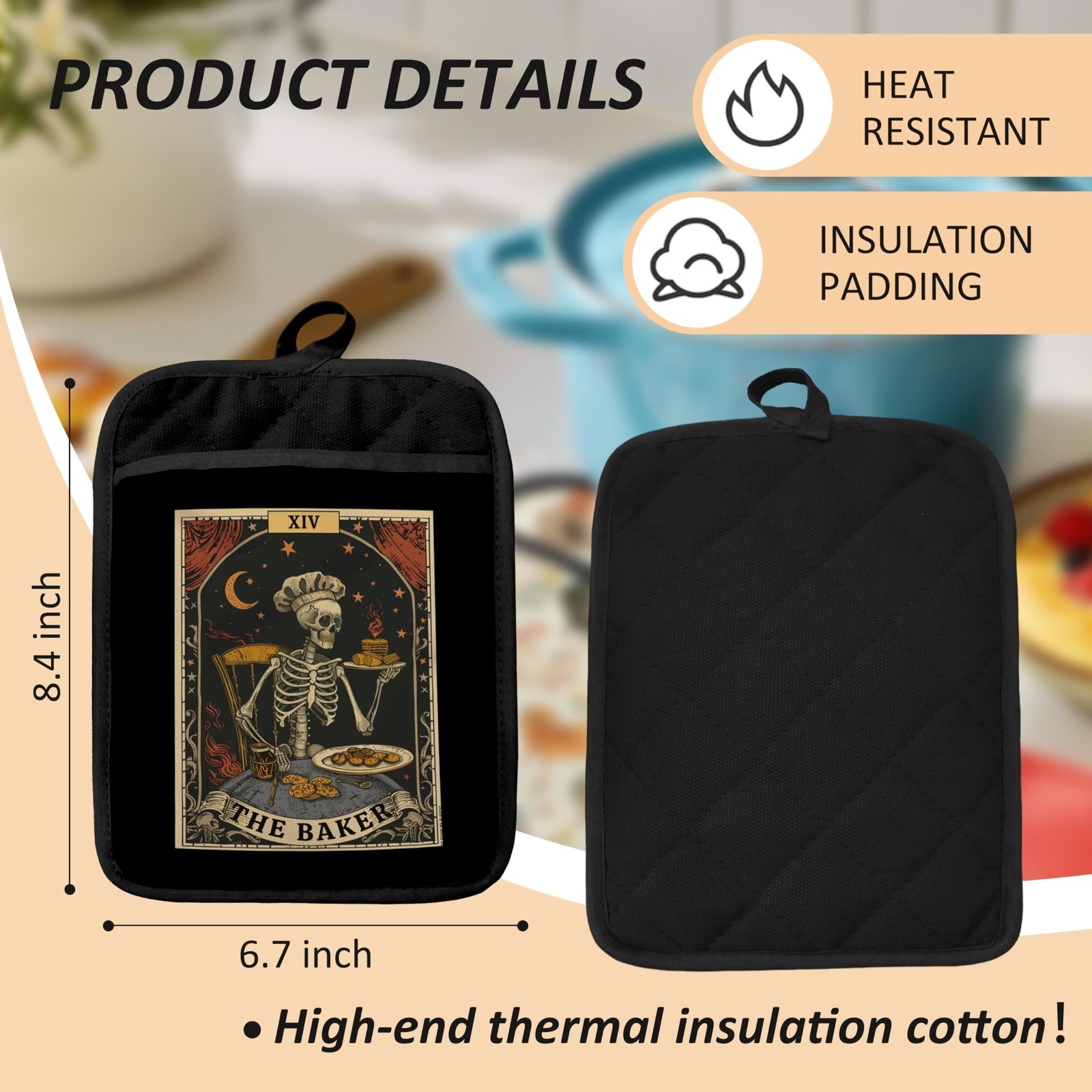 Gothic Witchy Skeleton Baker Pot Holders for Kitchen, Gifts for Baking Lovers…