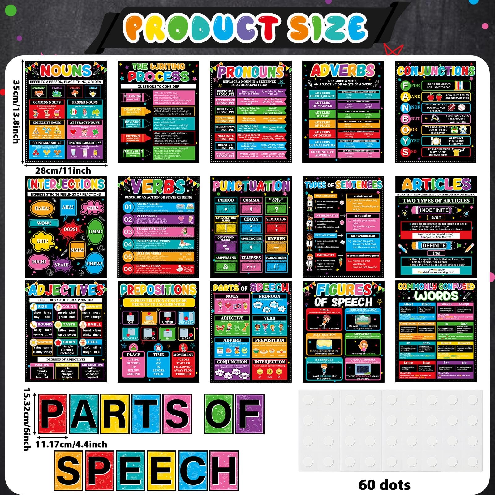 28Pcs Parts Of Speech Posters For Classroom Educational medium, Colorful