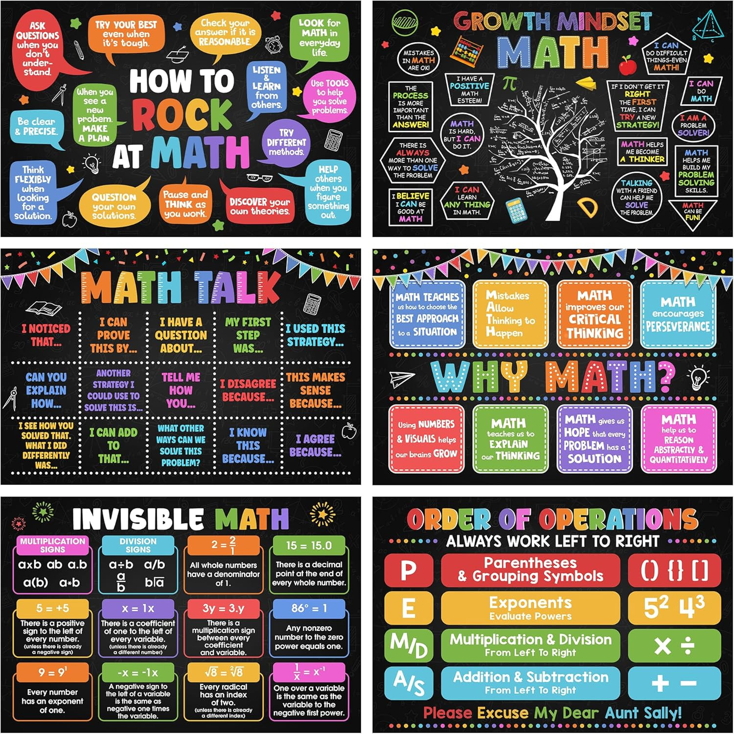 6 Pcs Math Posters (11″X16″) – Math Classroom Supplies for Teachers, Decorations