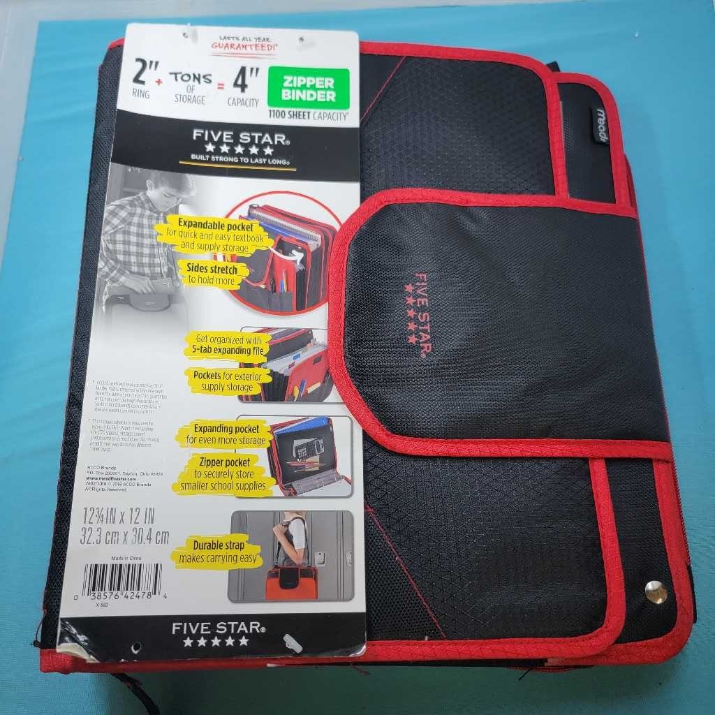 Five Star Zipper Binder 4 Inch 1100 Sheet Capacity Expandable Pocket Red Black