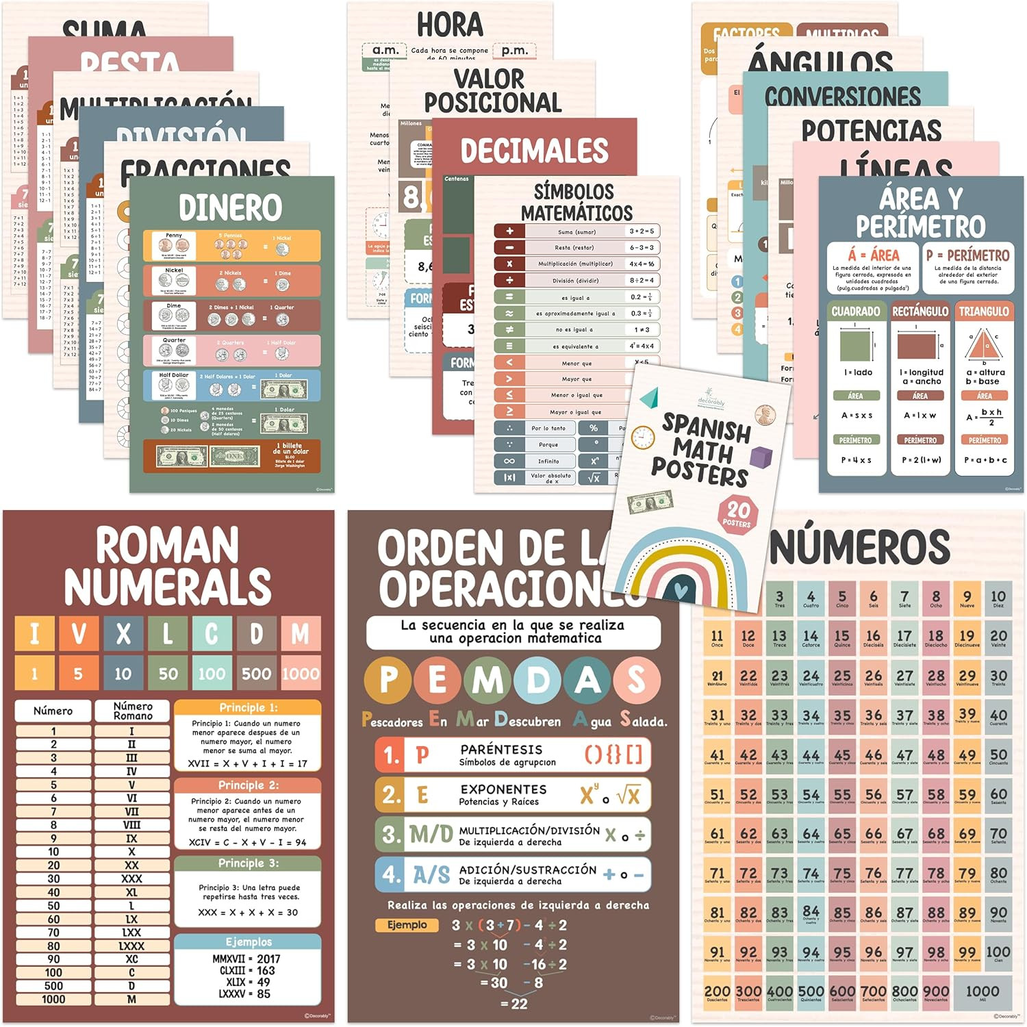 19 Boho Math Spanish Classroom Posters, 11X17In Educational Matte-Laminated for