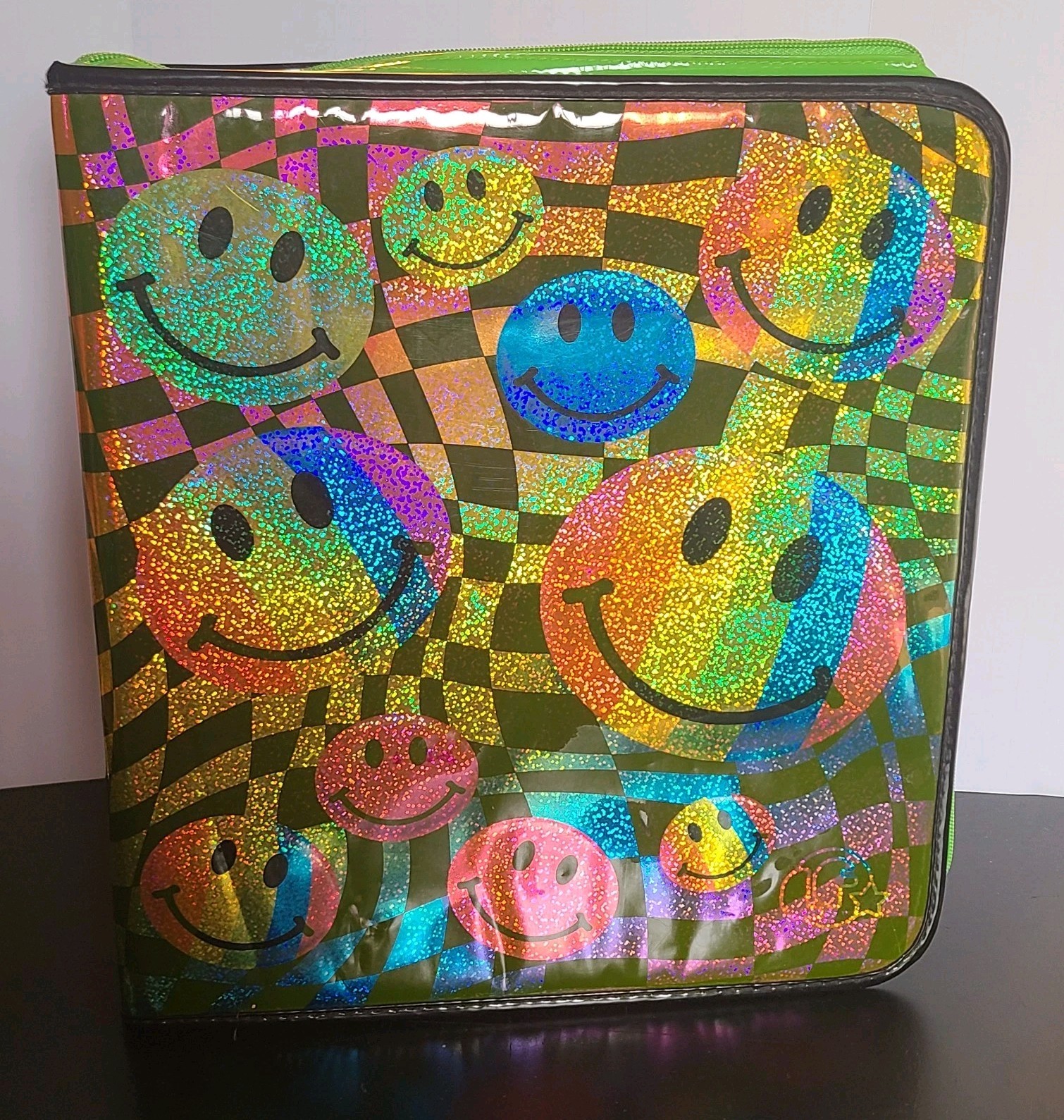 Vtg 90’s Y2K Lisa Frank Glitter Smiley Face Zipper 3 Ring Binder Keeper 1.25″