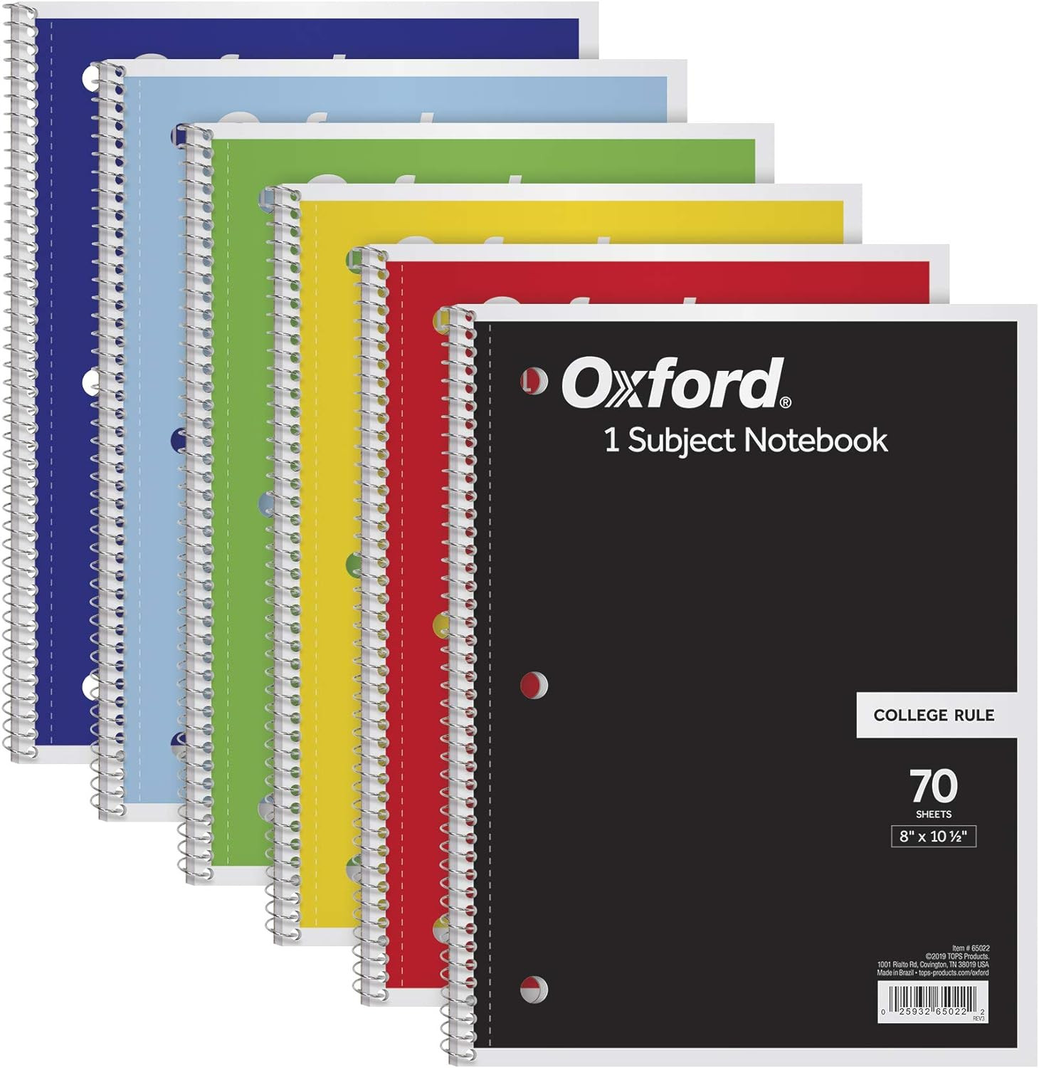 Spiral Notebook 6 Pack, 1 Subject, College Ruled Paper, 8 X 10-1/2 Inch, Color A