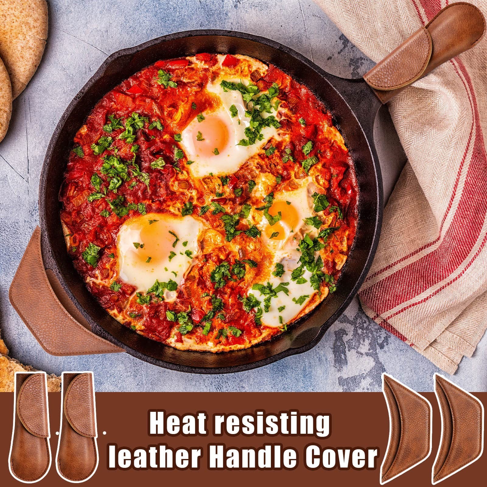 Skillet Handle Covers Cast Iron Pan PU Leather Sleeve Hot Holder Kitchen Grip 6p