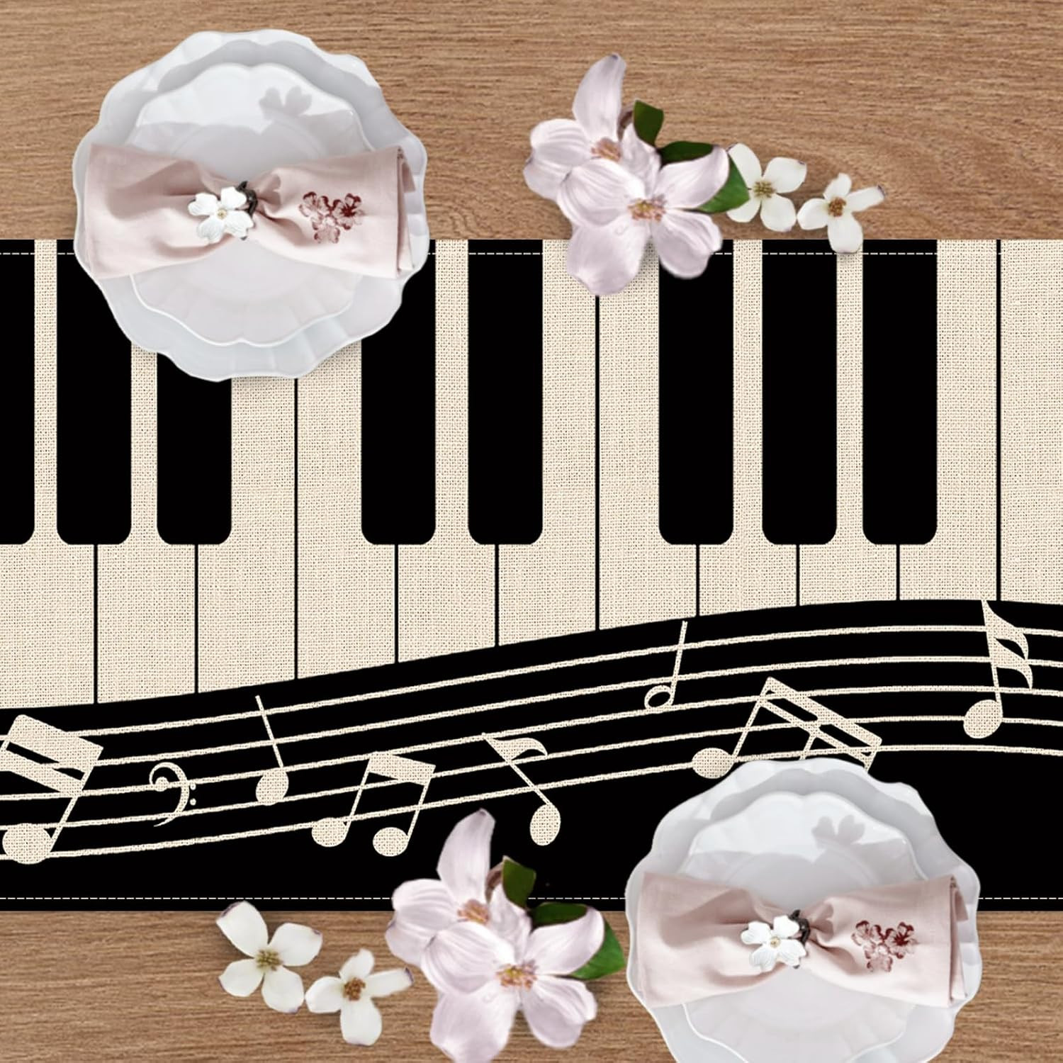 Piano Keyboard Dining Table Runner, Musical Notes Staff Burlap Kitchen Decoratio