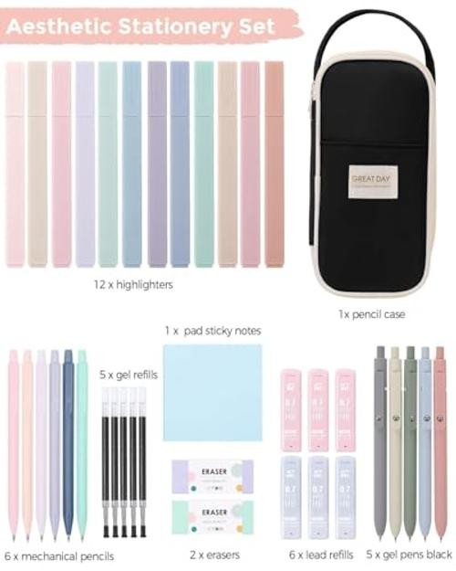 Cute School Supplies 38 PCS, Pencil Case with 12 Pastel Highlighters, 5 Black