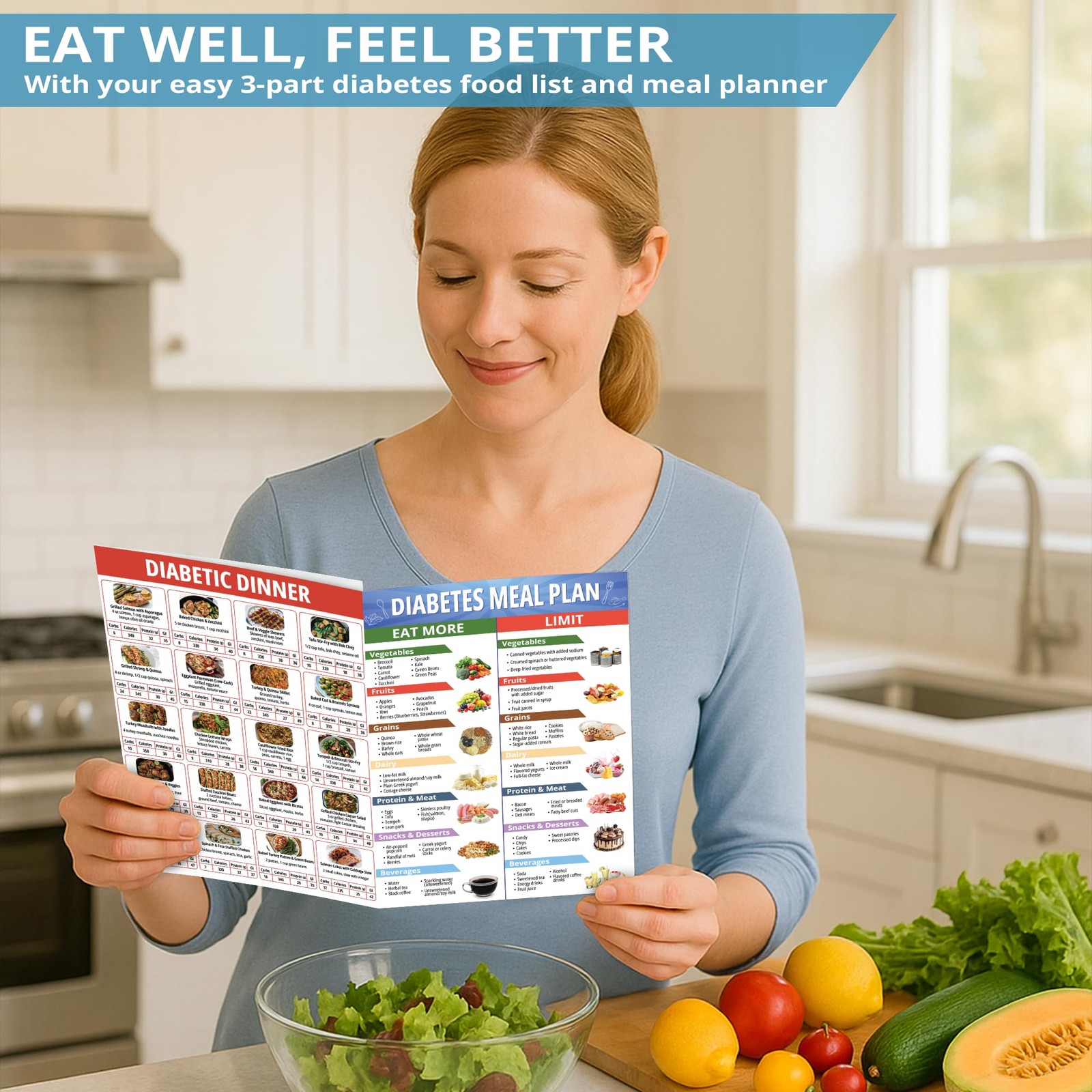 3pcs Diabetes Food List and Meal Planner, 400+ Diabetes Foods with Carbs, Cal…