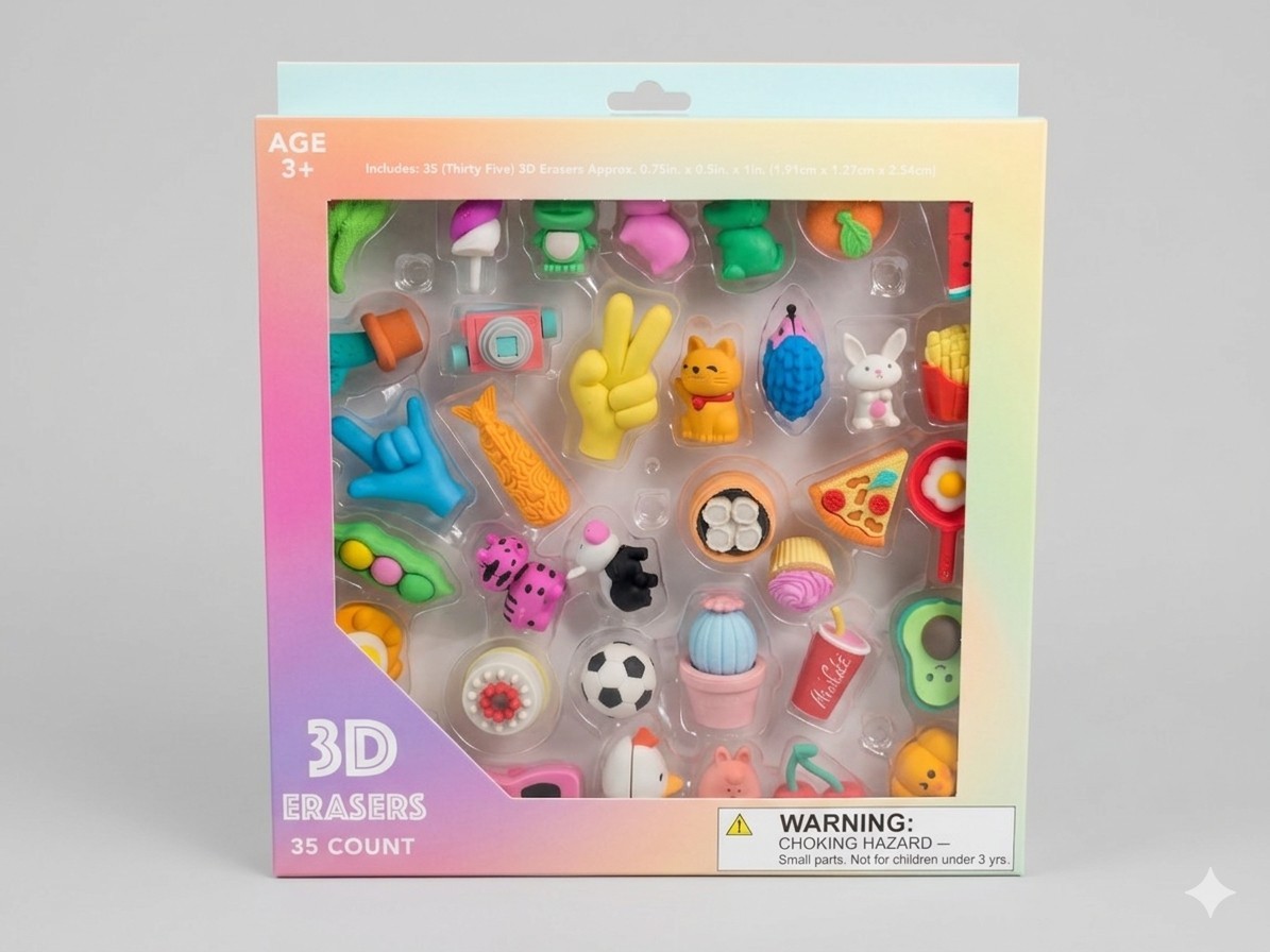 3D Erasers 35 Count Multicolor Novelty Kids Children’s Mini Eraser Set