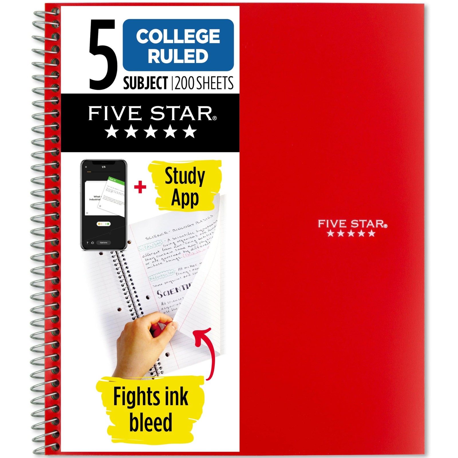 Five Star 5 Subject Notebook Red Lasts All Year 200 College Ruled Pages