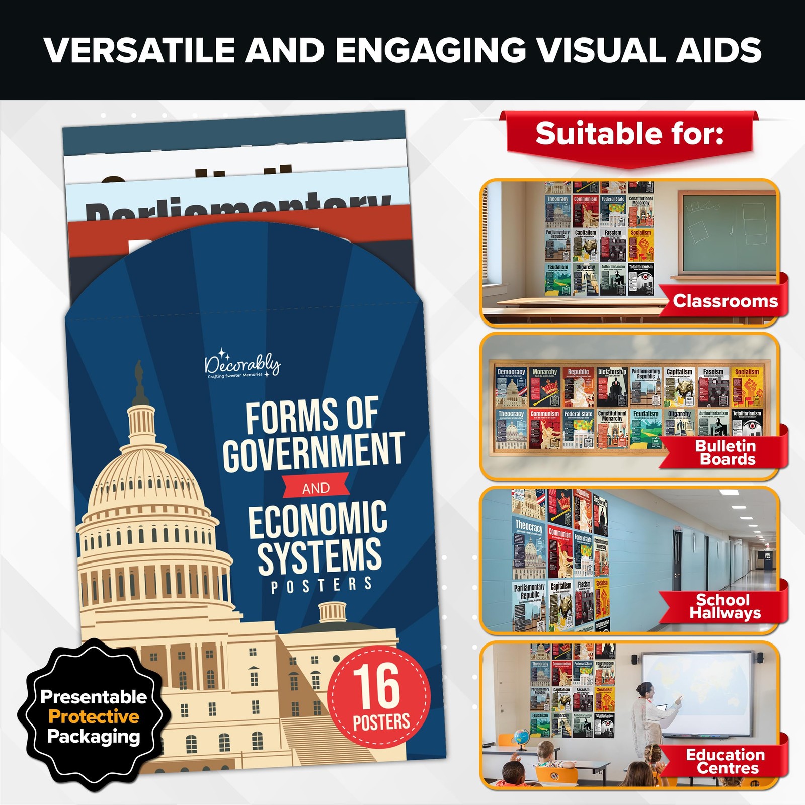 Decorably 16 World History Classroom Decorations, 11x14in Matte-Laminated Edu