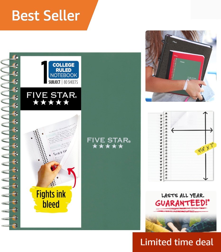 Five Star Spiral Notebook, 1 Subject, College Ruled Paper, 4-3/8″ x 7″, Personal
