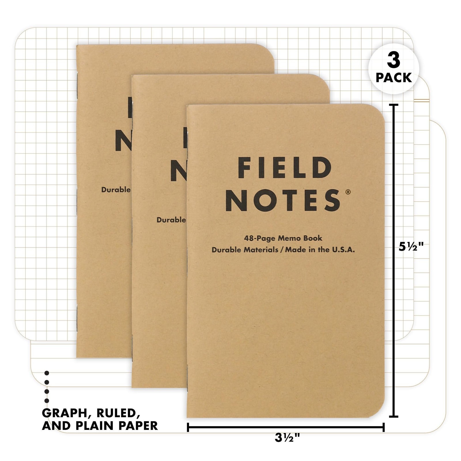Field Notes: Original Kraft 3-Pack – Mixed Paper (1 Graph/Grid, 1 Ruled/Lined…