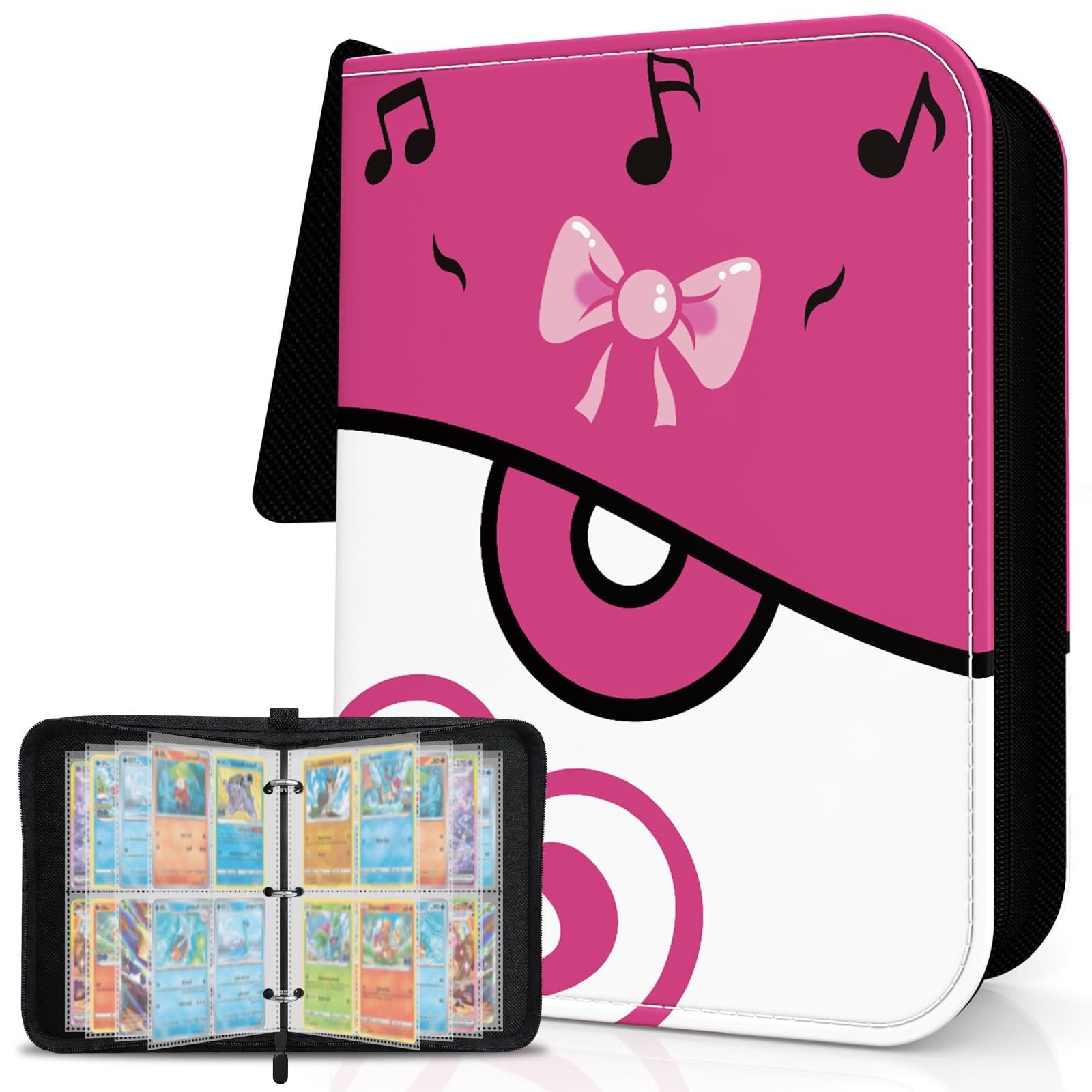 Cute Pink 4 Pocket Trading Card Binder with Zipper and Wrist Strap, Holds 400…