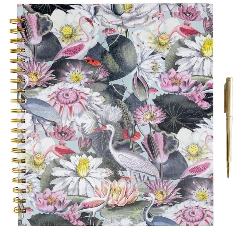 GIFT BOX SET! Large 11″ x 9.5″ Flamingo Flowers Hardcover Spiral Notebook & Pen