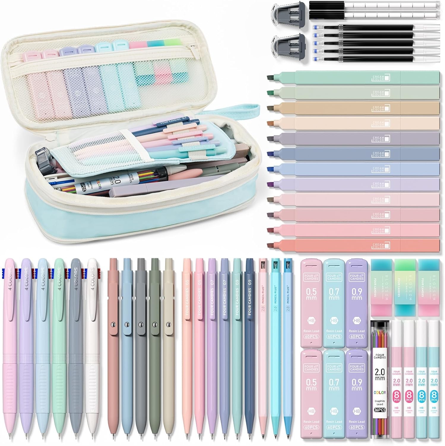 Four Candies 56 PCS Stationery Set, Cute Storage Case with Supplies, 6 Multicolo