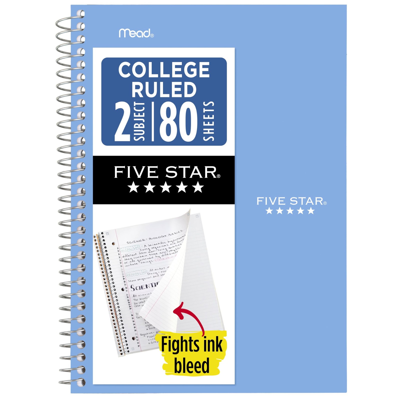 Five Star Spiral Notebook, 2 Subject, College Ruled Paper, 6 x 9-1/2, 80 Shee