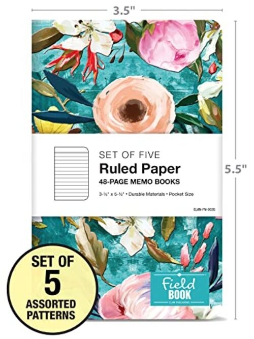Field Notebook/Pocket Journal – 3.5″x5.5″ – Floral Covers – Lined Memo Book –