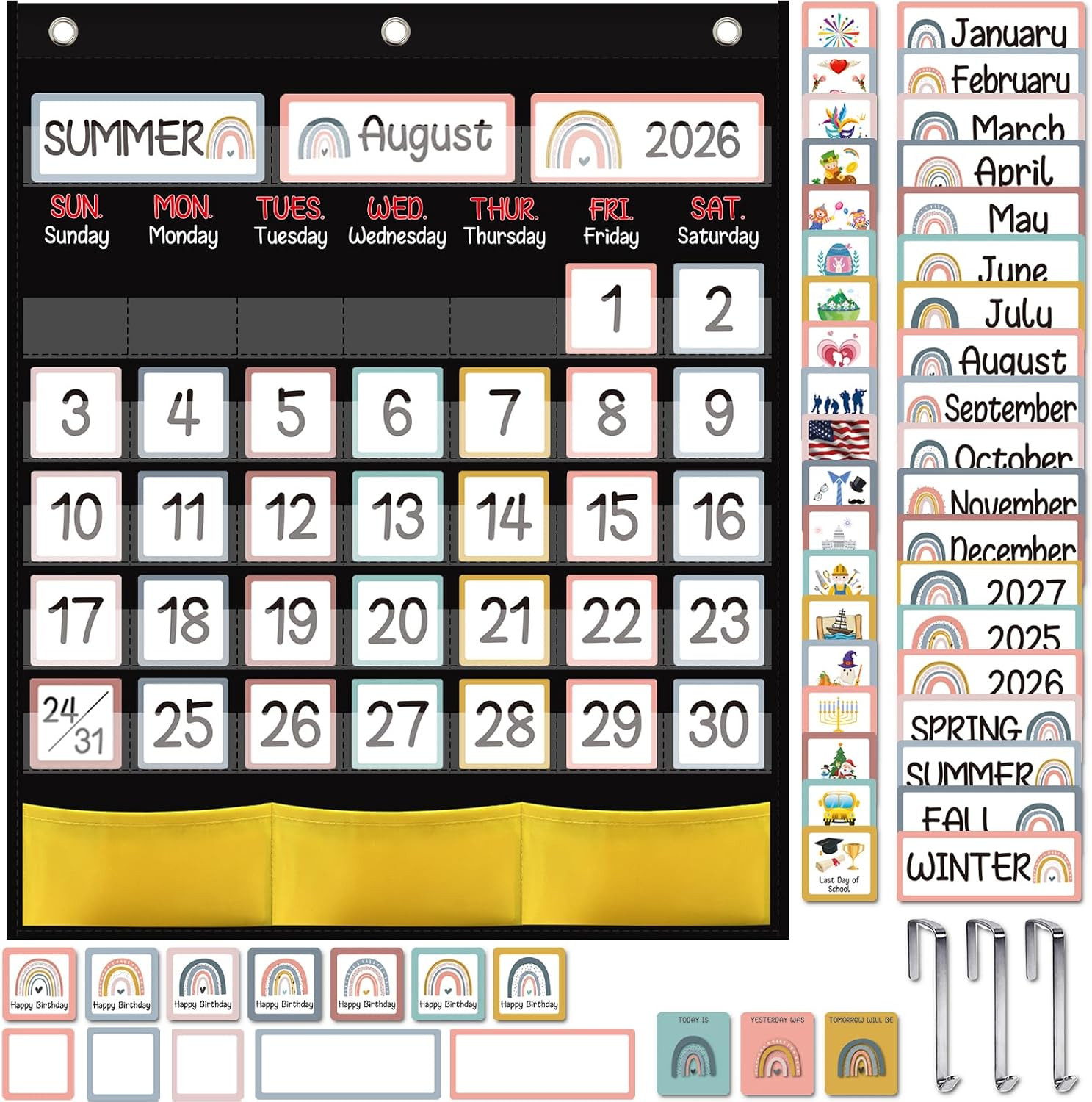 Black Classroom Calendar Pocket Chart with 89 Cards for Students Kids Large Clas