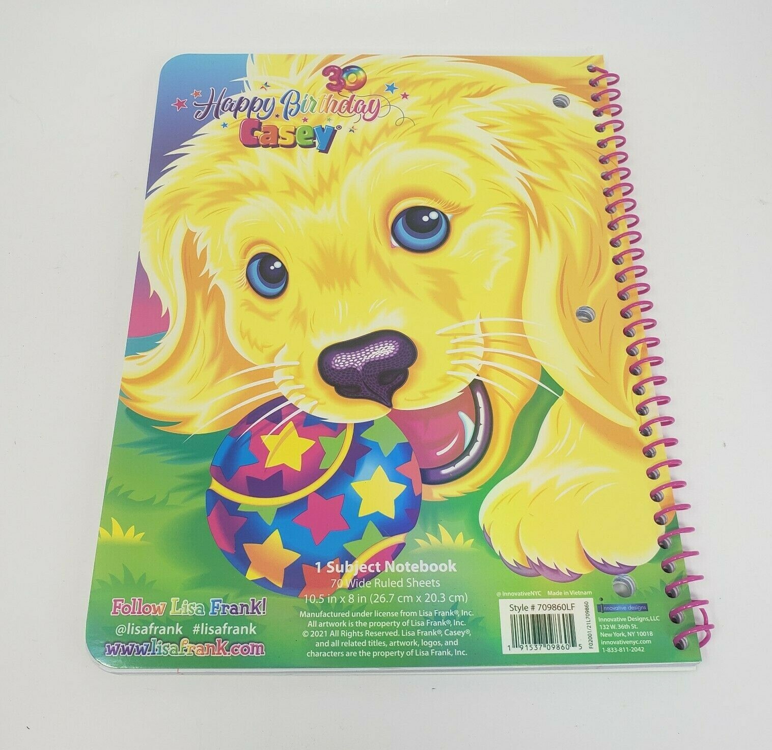 NEW LISA FRANK 2021 HAPPY 30TH BIRTHDAY CASEY DOG NOTEBOOK 70 PAGES 10.5″ x 8″